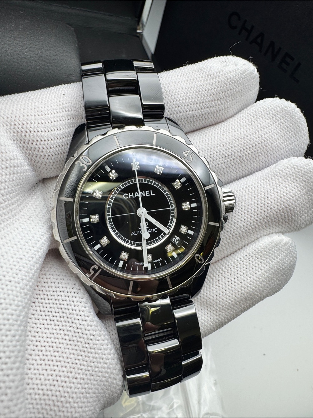 CHANEL J12 Black Ceramic Automatic Watch with Diamond Markers